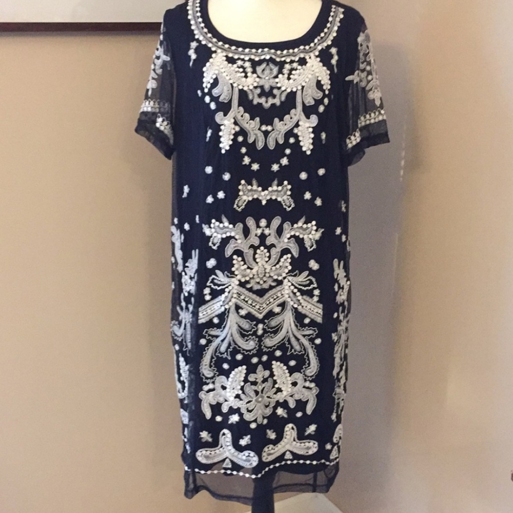 INC Navy Blue and White Embroidered Dress